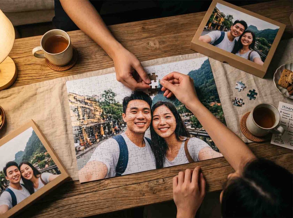 Cùng nhau hoàn thiện bức tranh ghép hình theo yêu cầu là hoạt động gắn kết tình cảm tuyệt vời.